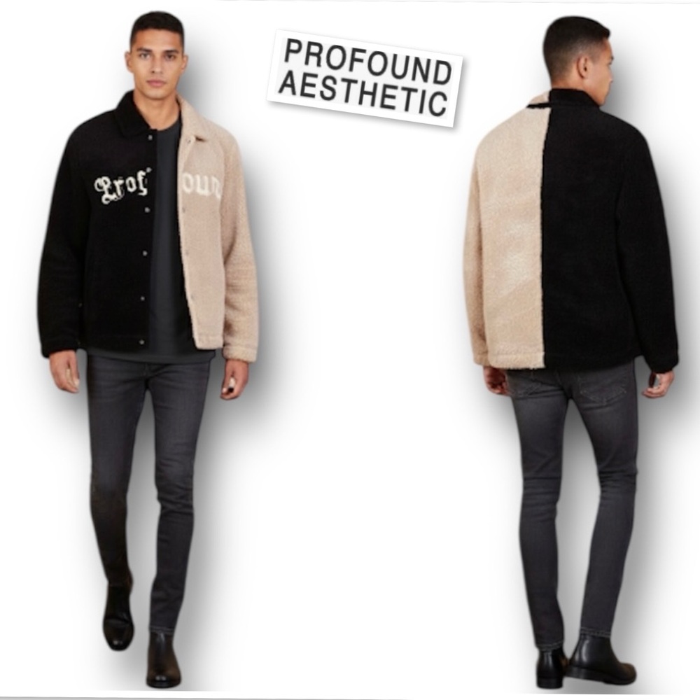 Profound Aesthetic Split Faux Shearling Jacket Button-Up In Black/Tan Sz M